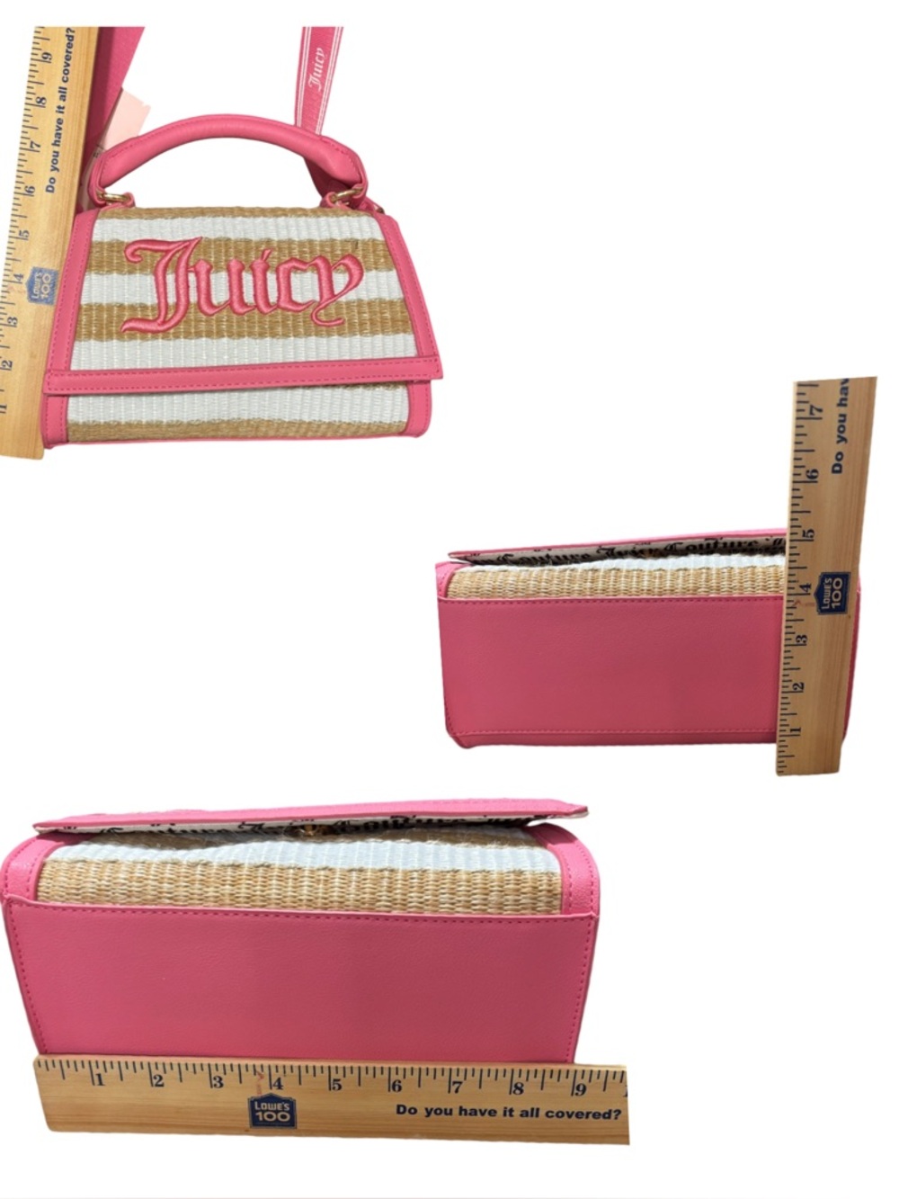 Juicy Couture Straw & Pink Crossbody Bag/Purse Adjustable Logo Strap Summer Chic - Picture 13 of 13